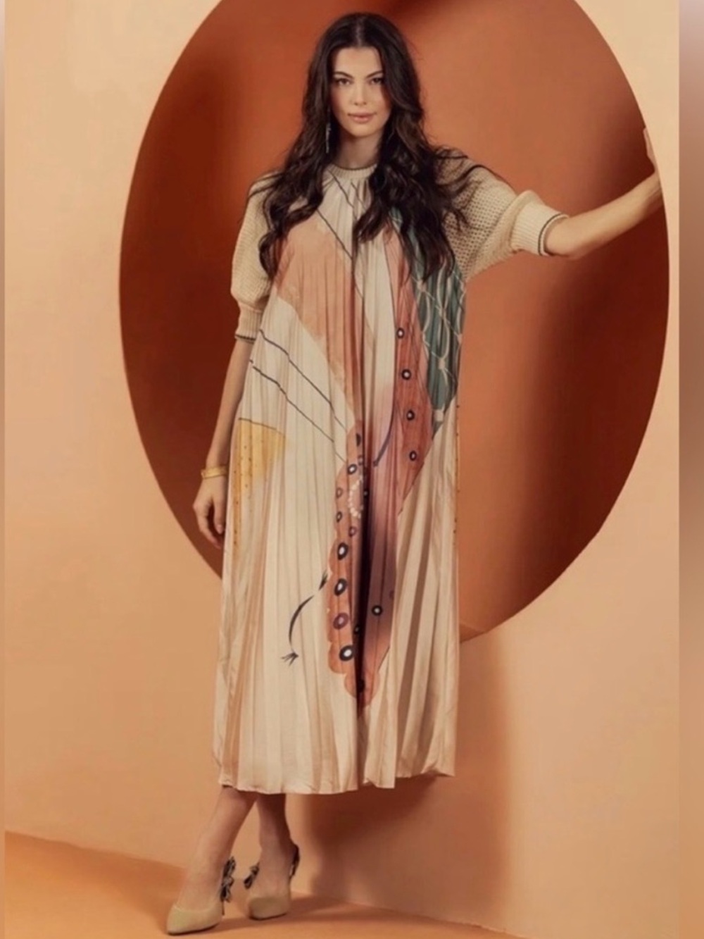 Aleeza Paris Beige Knit-Sleeve Maxi Dress Multicolor Pleated Front NWT M